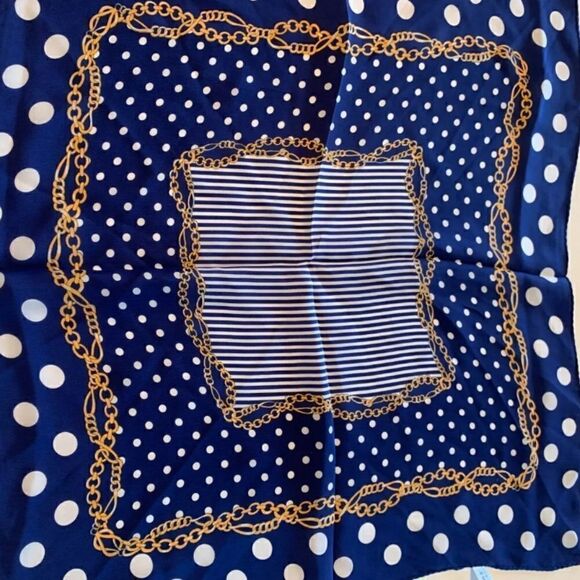 Women Silky Scarf Square Chain Print Polka Dot Navy Blue Head Scarf Satin Shawl - Picture 4 of 4